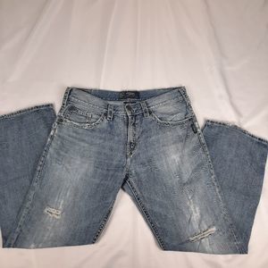 SILVER JEANS GORDIE men's W36/L32 distressed straight leg 5 pocket blue jeans